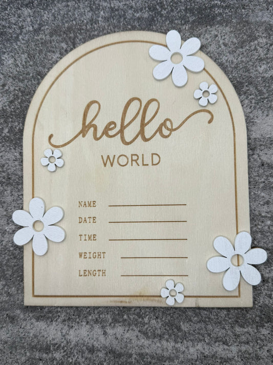 Holztafel " Hello World" mit genauen Angaen und Halterung